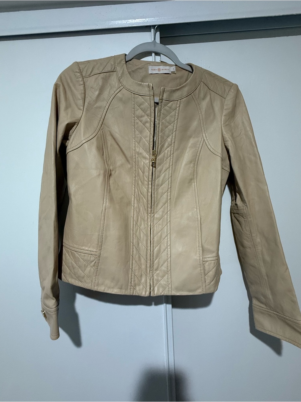 Tory Burch Beige Real Sheep Leather Quilted Collarless Zip Jacket Size 4